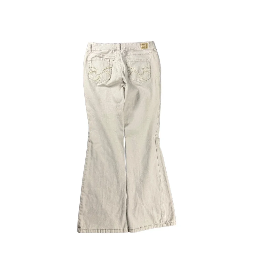 LEI Sophia Hipster Flare Pants Tan Khaki Low Rise Wide Leg Size 7 Short